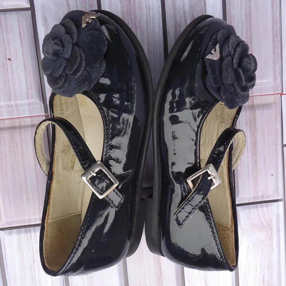 SIZE 24. Armani baby Mary Janes navy patent leather shoes.